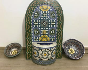 Fuente de pared de mosaico marroquí hecha a mano: Azulejo de estrella índigo esmeralda