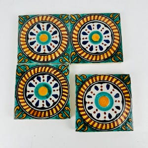 Moroccan Hand painted Tile, Handmade Terracotta for Kitchen & Bath, Authentic Clay Swatch Tiles 4&quot;X4&quot;, Mid century Tiles, Traditional Decor