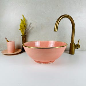 Gold Rimmed Pink Vessel Sink - Chic Ceramic Wash Bowl for Vanity - Modern Bathroom Basin - Countertop Washbasin