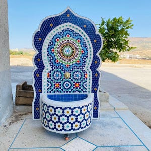 Arched Zellige Fountain, Tile Basin Fountain, Handmade Moroccan Mosaic Wall & Floor Fountain, Outdoor/Indoor Bohemian Water Feature Fountain