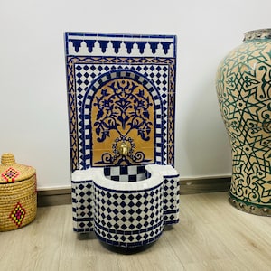 Tree of Life Mosaic Fountain: Royal Blue Moroccan Zellige Tile, Brass Tap