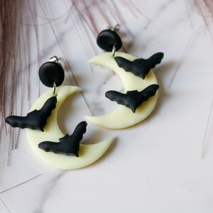 Bat Moon Earrings Glow in the Dark Halloween Polymer Clay Earrings Statement Earrings Spooky