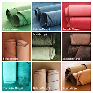 May include: Nine different colors of rolled leather, including menta, cobalto, fragola, olive, fieno, castagna, turquoise, natural, and olmo.
