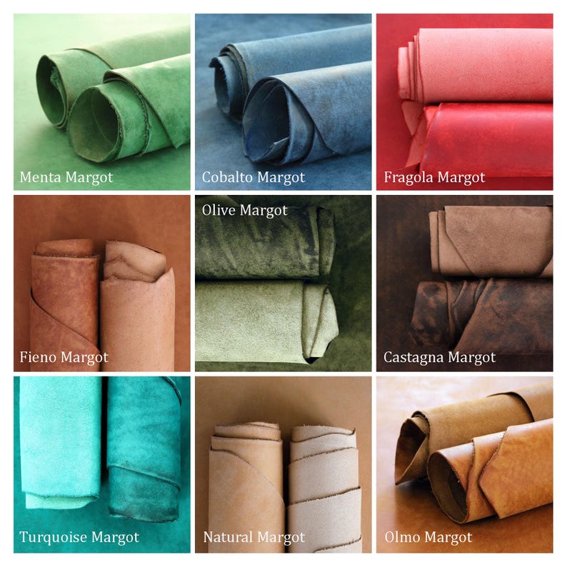 May include: Nine different colors of rolled leather, including menta, cobalto, fragola, olive, fieno, castagna, turquoise, natural, and olmo.