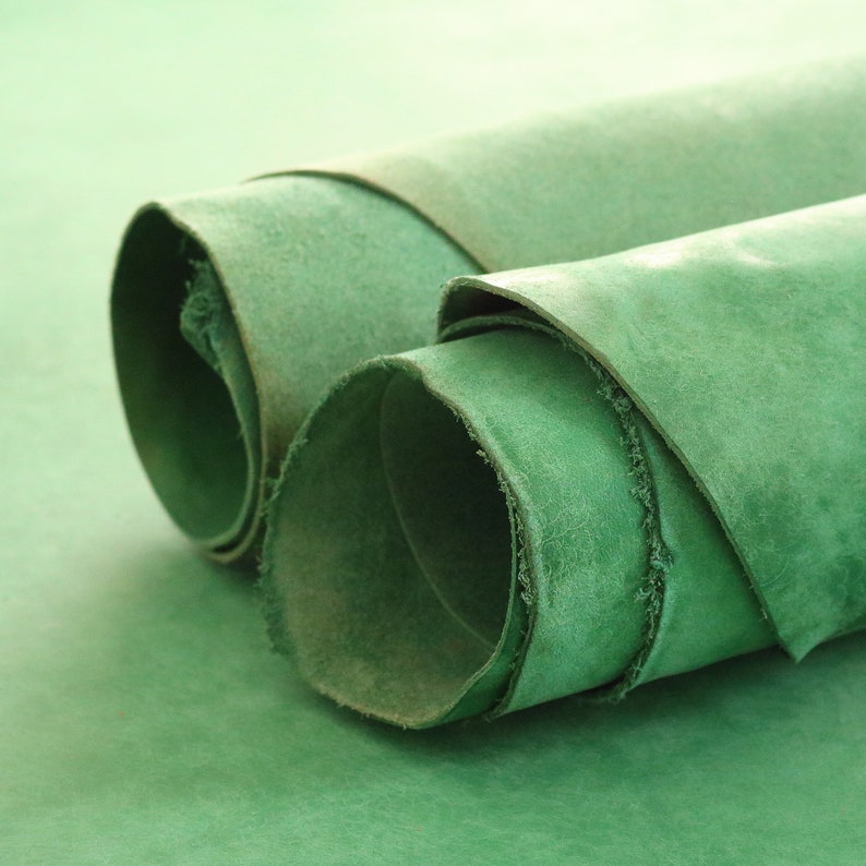 Light green Italian full grain vegetable tanned leather sheets for sale. Can be used for wallets, cases and other small products