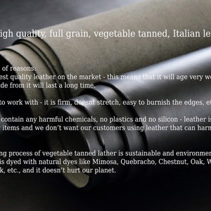 May include: Two rolls of full grain vegetable tanned Italian leather, one in a dark grey tone and one in a deep black tone, are displayed with text overlay explaining the quality, durability, and natural tanning process of the material.