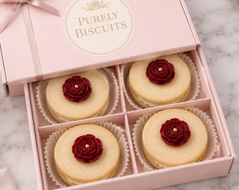Red Rose Shortbread Sandwich Cookies, Elegant Tea Party Cookies, Luxury Floral Cookie Gift Box, Gourmet Vanilla Butter Cookies
