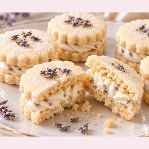 May include: Round, scalloped-edge shortbread sandwich cookies filled with white cream and topped with dried purple lavender buds. The cookies have a light golden-brown texture and are lightly dusted with sugar, with one cookie broken in half.