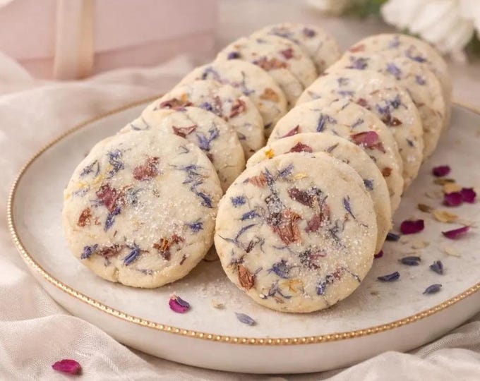 Edible Pressed Flower Shortbread Cookies, Gourmet Floral tea party, bridal, wedding baked goods –Gluten free, vegan option