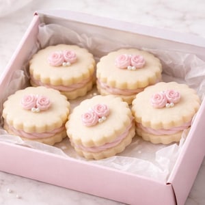 May include: A pink box contains five round cookies. Each cookie has a light-colored, scalloped edge, a pink filling, and is topped with a pink rose design and small white pearls. The cookies rest on white tissue paper.