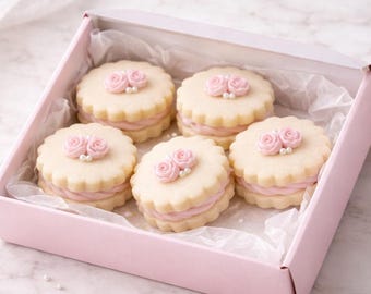 Rose Shortbread Sandwich Cookies, Pink Buttercream Cookie Favors, Tea Party & Baby Shower Dessert Gift Box