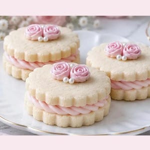 May include: Three round sandwich cookies with scalloped edges, filled with pale pink piped frosting. Each cookie is topped with two small, sculpted pink roses and two tiny white pearl-like decorations, arranged on a white scalloped plate.