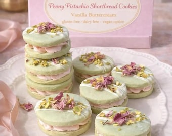 Pistachio Shortbread Sandwich Cookies – Vanilla Buttercream, Peony Drizzle (Gluten-Free Option)