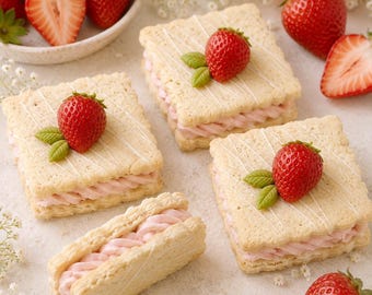 Può includere: Tre biscotti sandwich quadrati e uno rettangolare farciti con crema rosa, ognuno guarnito con una fragola rossa fresca e due piccole foglie verdi, decorati con sottili fili di glassa bianca e circondati da fragole sparse.