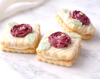 Burgundy Rose Shortbread Sandwich Cookies Elegant Floral Biscuits