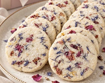 Edible Pressed Flower Shortbread Cookies, Gourmet Floral tea party, bridal, wedding baked goods –Gluten free, vegan option