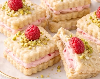 Raspberry Vanilla Sandwich Cookies, Baby Shower & Wedding Cookie Favors, Floral Tea Party Shortbread Box
