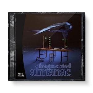 May include: A black and white album cover with a dark blue background. The album cover features a 3D rendering of a spaceship flying over a table with lab equipment. The text "fragmented almanac" is written in a purple font on the bottom of the cover. The text "ANTI RUINS" is written in a white font on the bottom left corner of the cover.