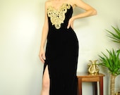 Vintage Dress, Gunne Sax, Jessica McClintock, 80 39 s Clothing, Strapless, 90 39 s Clothing, Velvet, Black, Gold, Medium, Designer, Holiday