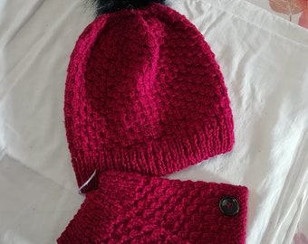 ensemble bonnet et mitaine femme ou ado avec pompon fausse fourrure