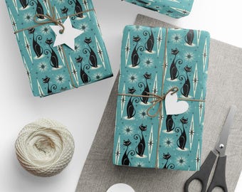 Atomic Kitty Wrapping Paper, Mid Century Modern Black Cats