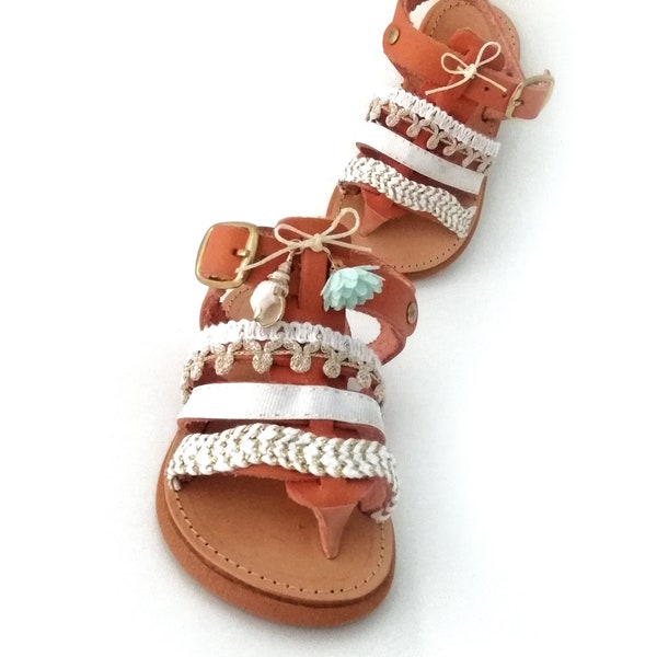 Leather Greek sandals for girls - Leather baby sandal - Brown leather summer shoes perfect for baptism - White childrens sandals - Handmade