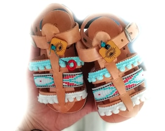 Sandals from Greece, Children' leather sandals Made to order, Decorated sandals for kids, Pom pom sandals for girls, Sandalen Leder