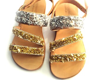 Girls sandals with semi precious stones, Girl sandals in gold and silver, Greek leather shoes, Size 5 sandals, Baby and toddler sandals