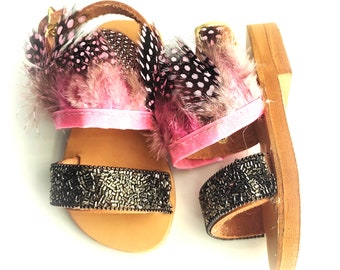 Pale pink sandals with feathers, Sandals for toddlers in black, Brown leather shoes, Baptism girl shoes, Girls shoes, Hermes sandals baby