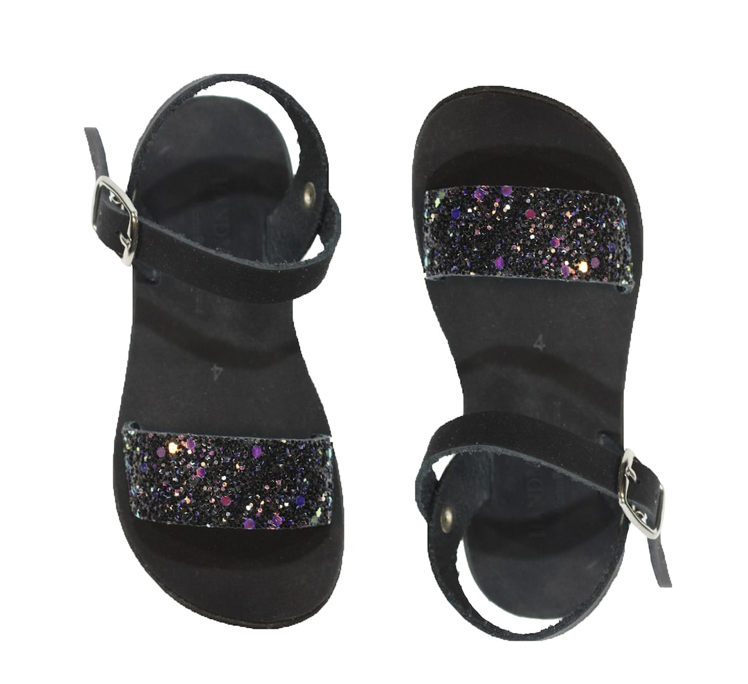 Black Glitter Sandals for Girls, Glitter Sandals for Baby Girl, Leather