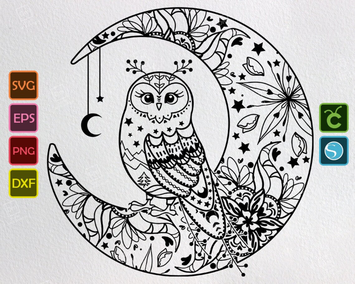 Owl on the Moon Zentangle Mandala Svg Png Night Time kids | Etsy