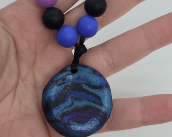 Galaxy Worry Stone Necklace with Silicone Beads - Finger Fidget