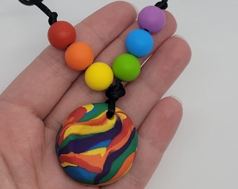 Rainbow Worry Stone Necklace with Silicone Beads - Finger Fidget