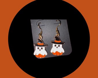 Ghost on Pumpkin Earrings, Witch Hat Halloween Jewelry