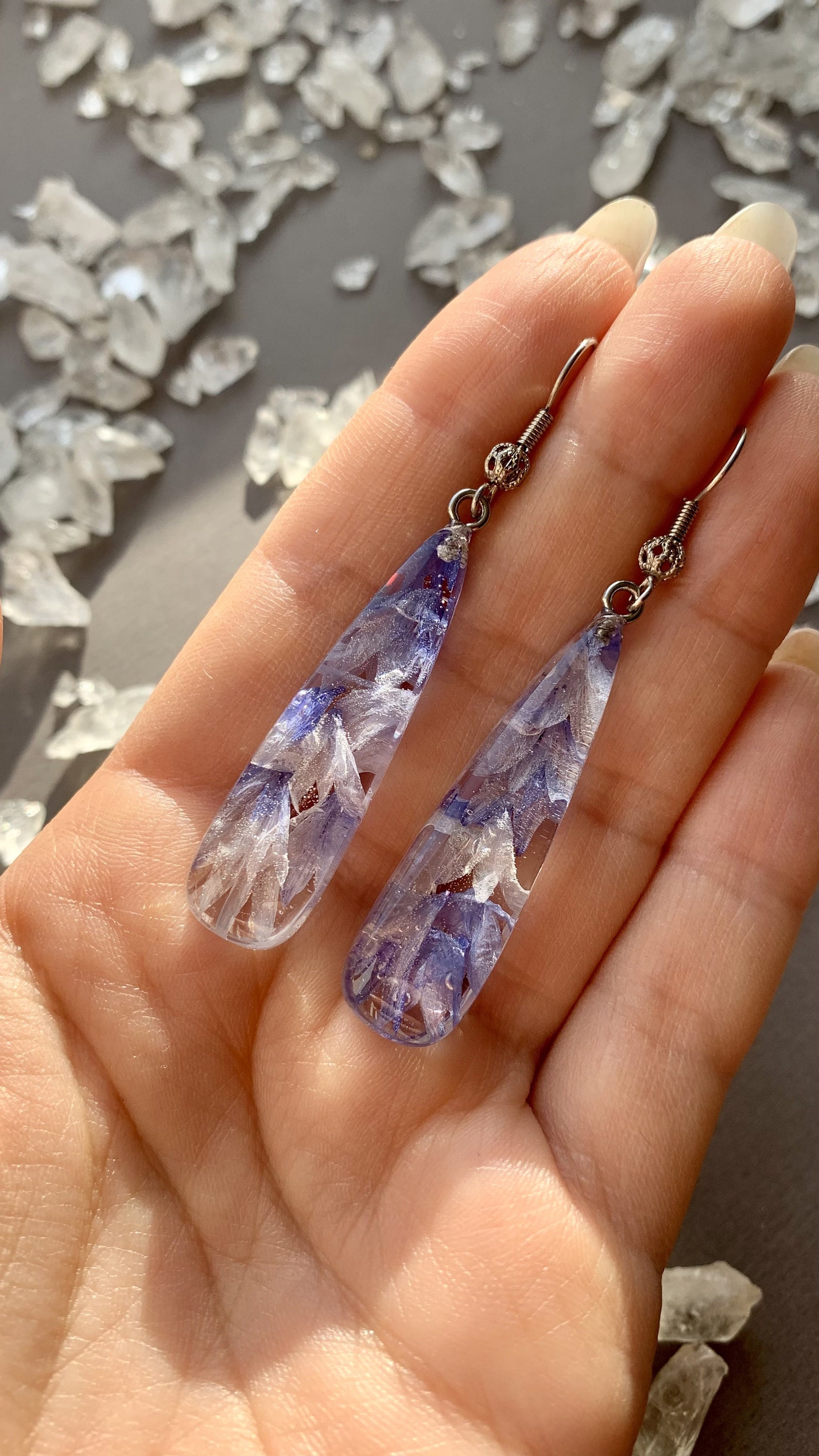 Resin floral jewelry Real flower petal earrings Cornflower in resin cube earrings