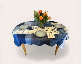 New**Upcycled Jean Bleached and Distressed Tablecloth