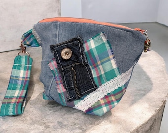 New**Distressed Cotton Candy Plaid Jean Clutch/Cosmetic Bag