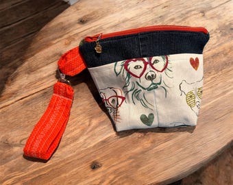 Denim Dog Print Clutch Bag: Cosmetic, Dog Accessory Pouch