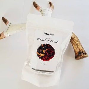 May include: A white pouch with the text "TotumVos Multi Collagen Chews Chai Beet" and a red, black, and brown illustration of the product.