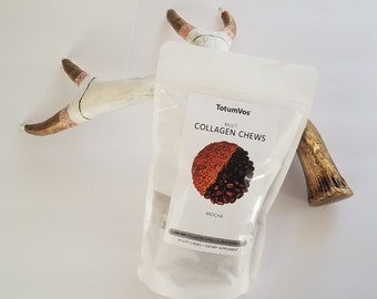 Gotas masticables de colágeno sabor moca: caldo de huesos de pollo orgánico, colágeno marino de captura salvaje, no transgénico, de vacas alimentadas con pasto, 6600 mg por gomita. 14 unidades por bolsa.