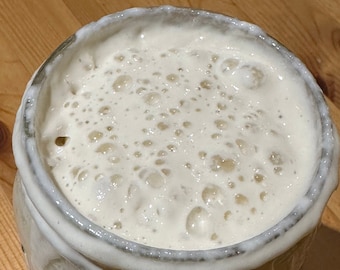 May include: A clear glass jar filled with a bubbly, off-white mixture, likely a sourdough starter. The top of the jar is coated with the same frothy substance, with visible bubbles and a creamy texture. The jar appears to be sitting on a wooden surface.