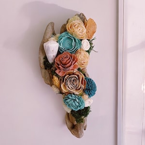 Driftwood and sola flower wall hanging | hanging decor | beach house chic | unique wall art