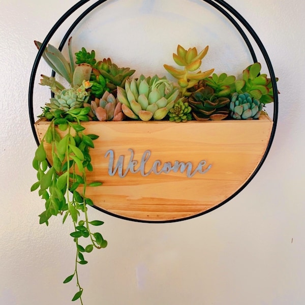 Hanging Succulent Arrangement in Wooden Planter | Art deco planter| 10 inch planter | Front door welcome decor | Custom decal available
