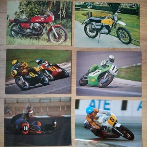 May include: Six vintage postcards featuring different motorcycles. The postcards are in various colours, including red, yellow, green, and blue. The motorcycles are in various styles, including racing, street, and off-road.