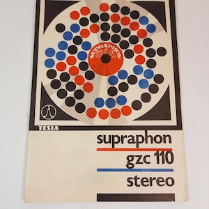 May include: Vintage Supraphone record sleeve. The design features a circular pattern of red, blue, and black dots. The word "Supraphone" is in red, and "gzc 110 stereo" is in blue and black. The Tesla logo is visible.