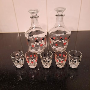 Vintage French Decanters | 5 Shot Glass Set | Poker print | France