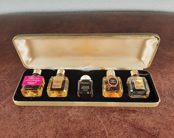 Vintage parfum miniaturen in sierdoosje, 5 flesjes