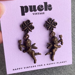 90&#39;s Antique Gold Cherub Dangle Earrings