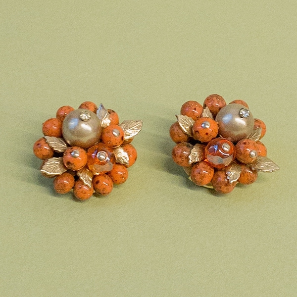 50's Coral Cluster Earrings | Vintage Gold Leafs Rhinestone Pearl Beaded Clip On