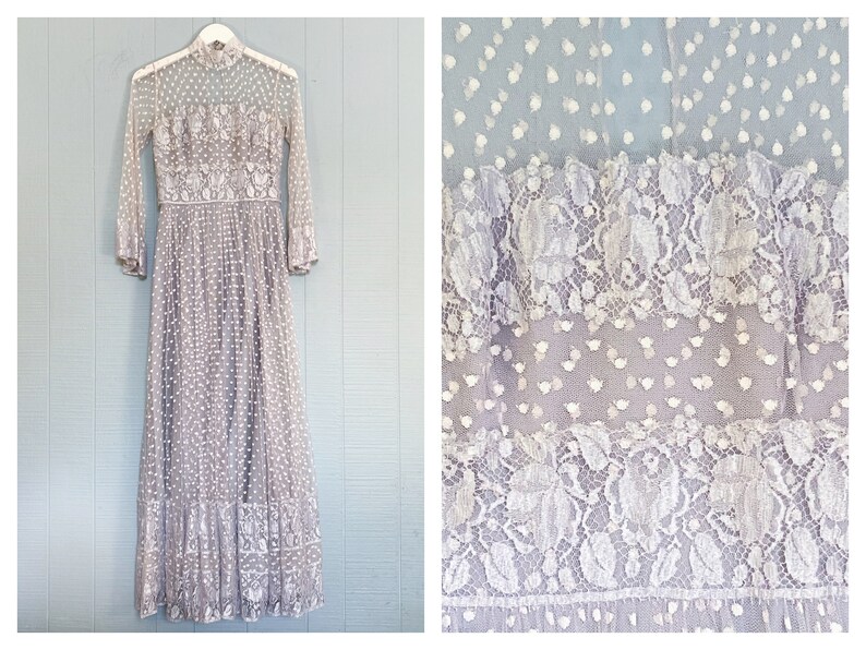 Vintage Dusty Dove Grey White Long Sleeve Maxi Wedding Lace Dress Hippie Floral Dot Sheer Ethereal XSS